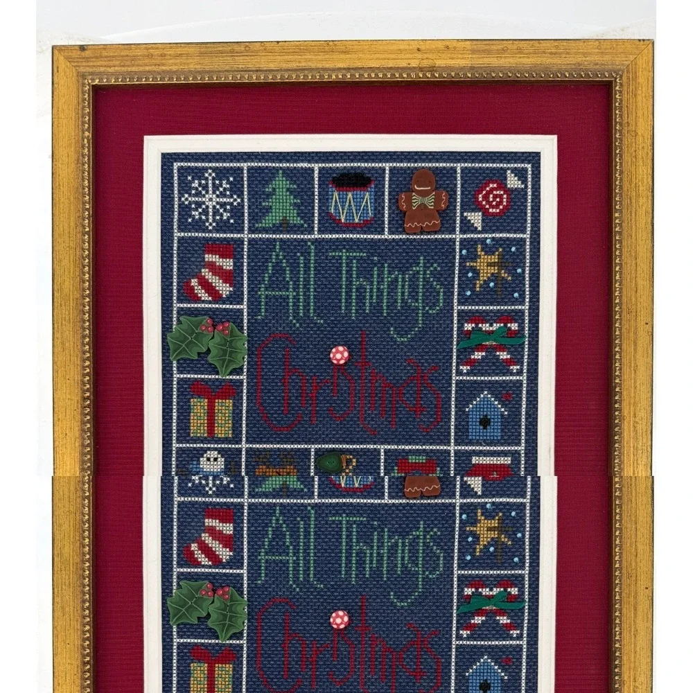 Christmas Cross Stitch Framed Holiday Needlepoint Christmas Lights Wall Art